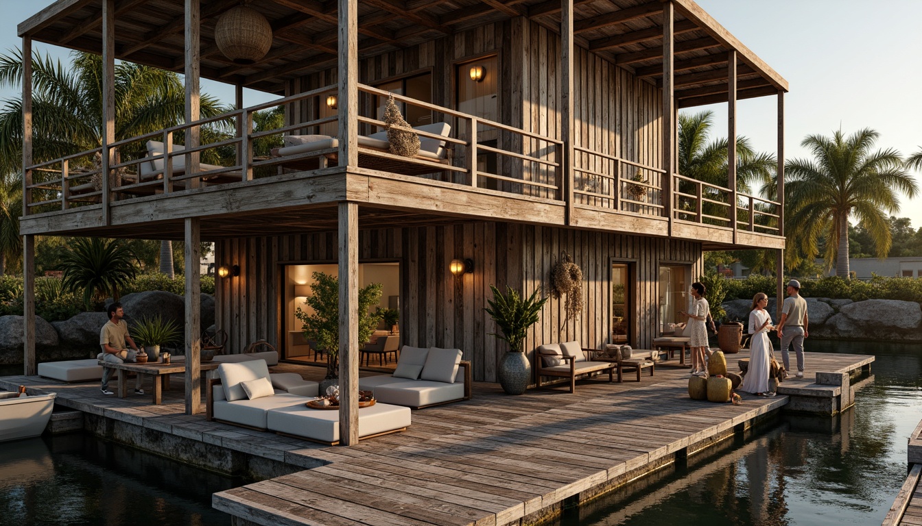 Prompt: Rustic boathouse, wooden dock, weathered planks, fishing nets, nautical ropes, corrugated metal roof, distressed wood siding, stone foundation, vintage lanterns, reclaimed wood accents, natural textiles, earthy color palette, warm golden lighting, shallow depth of field, 1/1 composition, realistic water reflections, ambient occlusion.