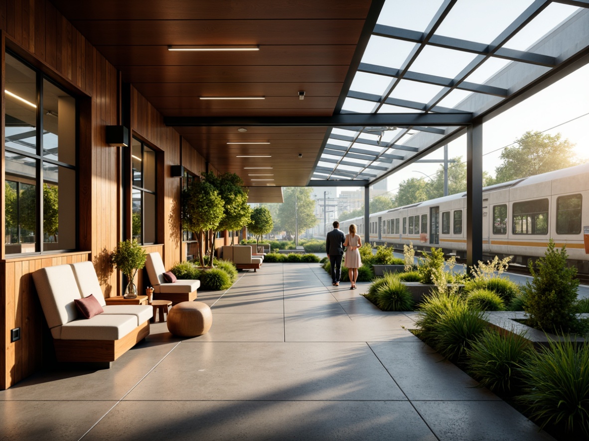 Prompt: Cozy waiting lounge, comfortable seating areas, warm wood accents, soft cushioned benches, gentle ambient lighting, calming colors, peaceful atmosphere, modern train station design, sleek glass roofs, large windows, natural stone flooring, lush greenery, urban landscape views, morning sunlight, shallow depth of field, 1/1 composition, realistic textures, ambient occlusion.