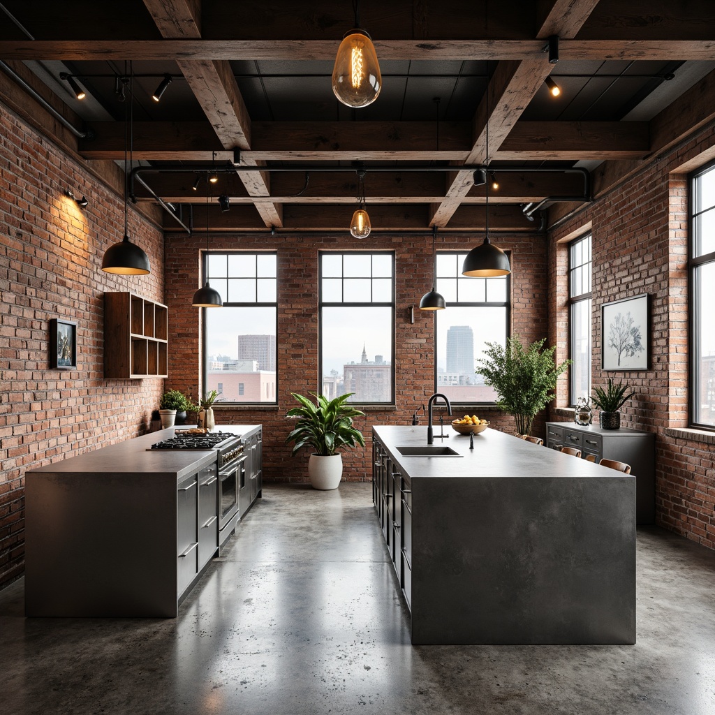 Prompt: Exposed brick walls, industrial chic decor, metal beams, reclaimed wood accents, distressed concrete floors, urban loft atmosphere, modern minimalist aesthetic, functional track lighting, Edison bulb fixtures, metal shade pendant lights, industrial-style kitchen islands, stainless steel appliances, matte black hardware, raw concrete countertops, urban cityscape views, large windows, natural light pouring in, airy open space, 3/4 composition, realistic textures, ambient occlusion.