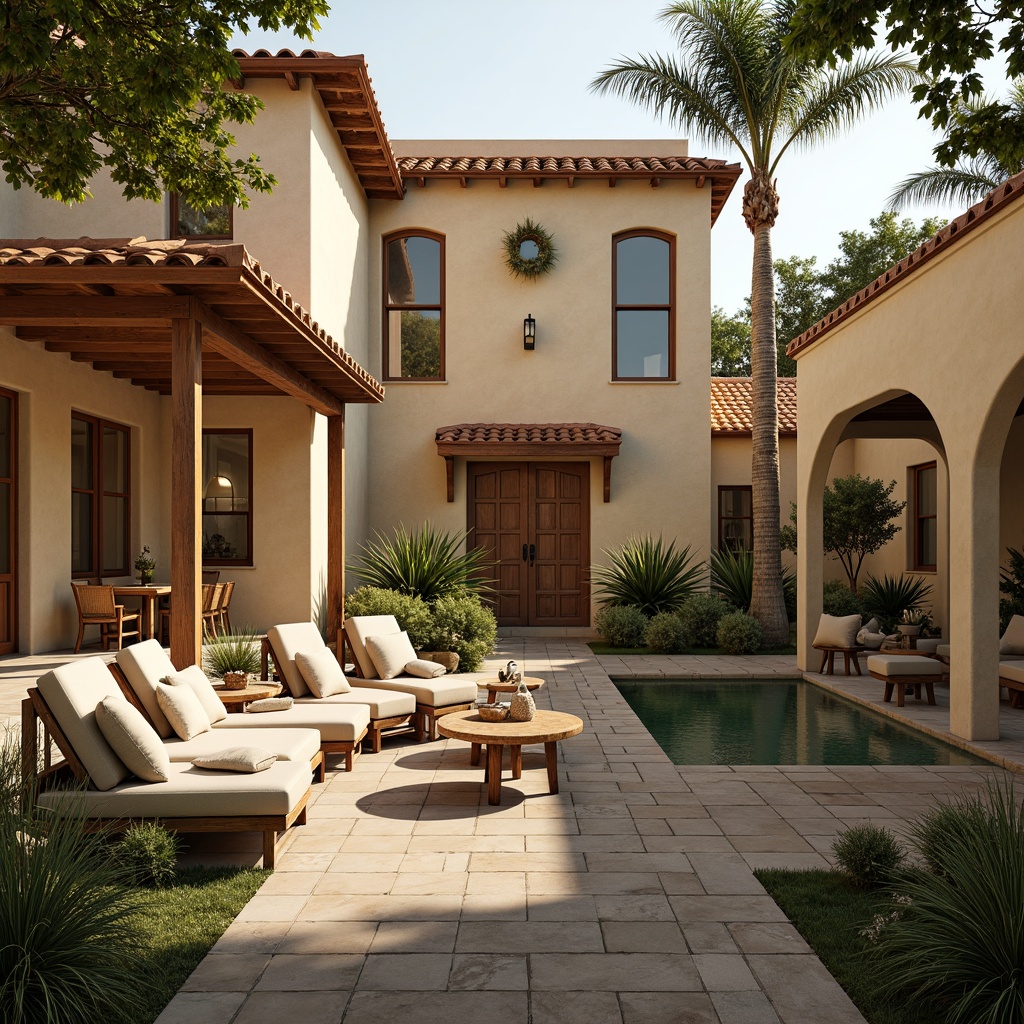 Prompt: Warm beige exterior walls, rustic wooden accents, earthy terracotta roof tiles, soft golden lighting, natural stone flooring, calming water features, serene botanical gardens, comfortable plush furniture, warm wood tones, elegant ornate fixtures, vintage-inspired decorative elements, classic neutral color schemes, soothing pastel hues, subtle texture variations, cozy reading nooks, inviting common areas, tranquil atmosphere, 1/1 composition, soft focus, warm color temperature.