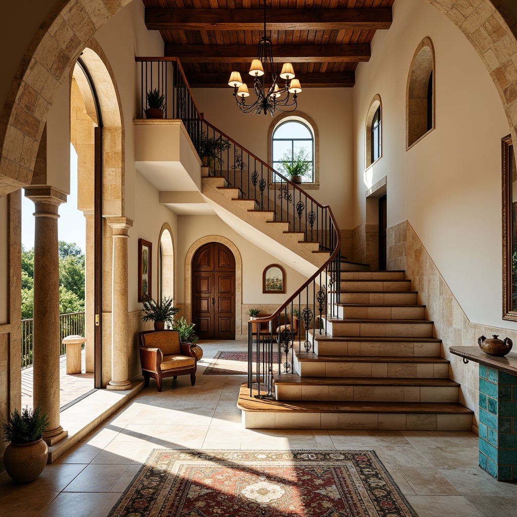 Prompt: Warm Mediterranean ambiance, elegant staircase design, ornate wrought iron railings, travertine flooring, creamy marble walls, rich walnut wood treads, rustic stone accents, distressed wooden beams, vibrant turquoise ceramic tiles, plush area rugs, warm golden lighting, soft shadows, 1/1 composition, dramatic archways, classic ornate details, realistic textures, ambient occlusion.