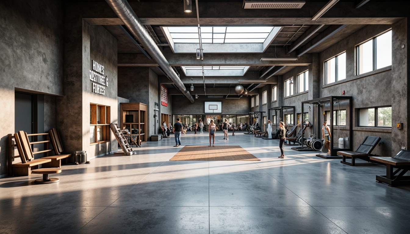 Prompt: Functional gymnasium, industrial chic interior, exposed ductwork, polished concrete floors, mirrored walls, state-of-the-art fitness equipment, free weights area, cardio machines zone, strength training zones, yoga and Pilates studios, locker rooms, showers, wooden benches, athletic tracks, basketball courts, volleyball nets, natural light, clerestory windows, minimalist decor, motivational quotes, urban industrial ambiance, high-contrast lighting, dramatic shadows, 3/4 composition, realistic textures, ambient occlusion.