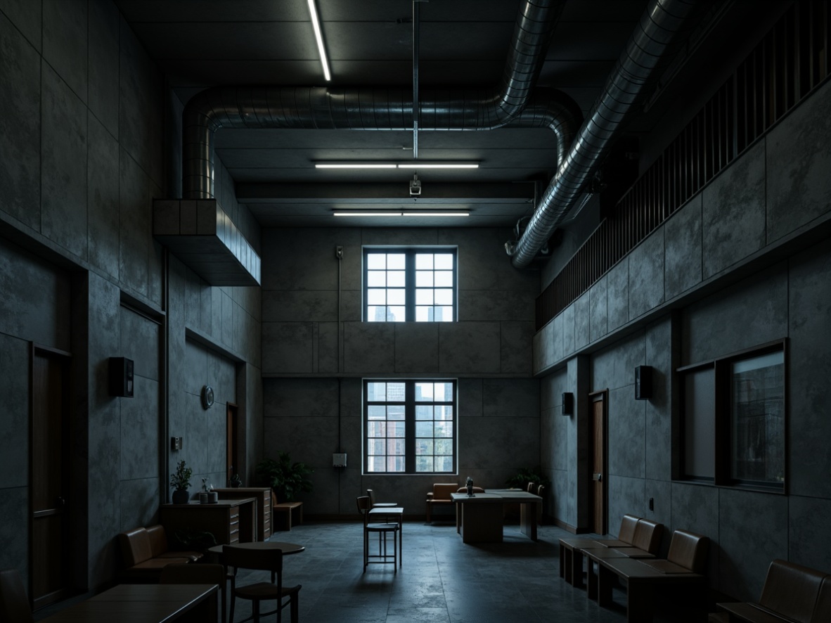 Prompt: Gloomy brutalist school building, rugged concrete walls, industrial metal beams, dramatic shadowing, intense overhead lighting, harsh fluorescent tubes, exposed ductwork, minimalist decor, functional furniture, urban cityscape, overcast sky, strong geometric shapes, bold architectural forms, cinematic lighting, high contrast ratios, deep shadows, 3/4 composition, low-angle shot, realistic textures, ambient occlusion.