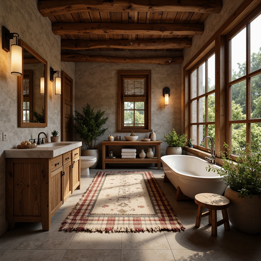 Prompt: Rustic bathroom, wooden accents, natural stone walls, earthy tones, woven textiles, plaid patterns, vintage rugs, linen fabrics, burlap details, distressed wood cabinets, antique metal fixtures, candlelit ambiance, warm soft lighting, shallow depth of field, 3/4 composition, panoramic view, realistic textures, ambient occlusion.