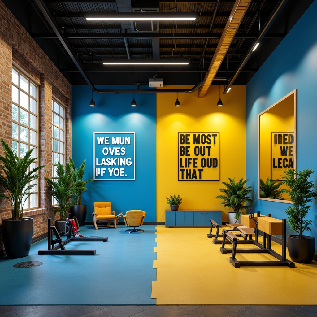 Prompt: Vibrant fitness studio, energetic color scheme, bold accent walls, motivational quotes, modern equipment, sleek flooring, natural wood accents, green plants, calming blue tones, uplifting yellow hues, high-contrast lighting, shallow depth of field, 1/2 composition, dynamic angles, realistic textures, ambient occlusion.