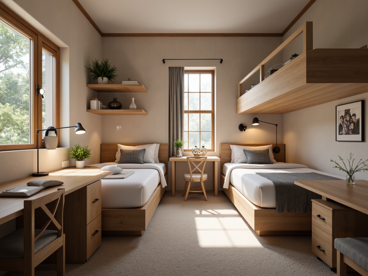 Prompt: Cozy student dormitory, compact furniture layout, minimalist decor, space-saving beds, comfortable mattresses, stylish desks, ergonomic chairs, ample storage shelves, modern lamps, warm wood tones, soft carpeting, calming color scheme, natural light pouring in, 1/1 composition, shallow depth of field, realistic textures, ambient occlusion.