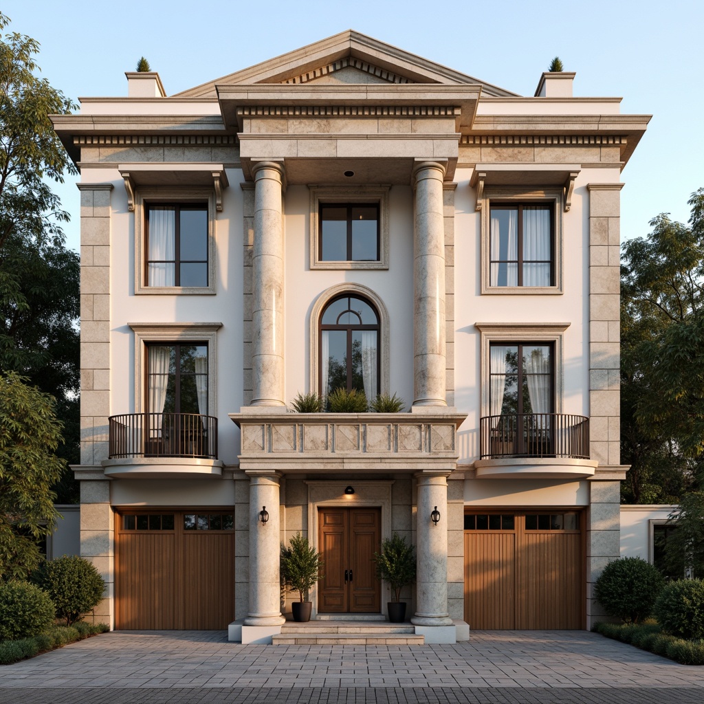 Prompt: Elegant residential facade, Corinthian columns, ornate capitals, classical pediments, symmetrical composition, grand entranceways, arched windows, decorative balconies, rusticated base, limestone exterior, cream-colored stucco, subtle cornice details, refined molding profiles, soft warm lighting, shallow depth of field, 1/2 composition, realistic textures, ambient occlusion.