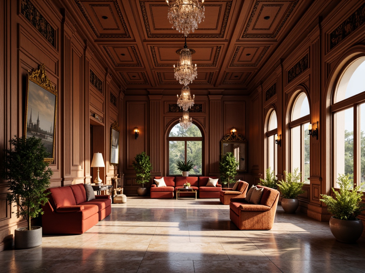 Prompt: Elegant pavilion interior, rich wood tones, ornate moldings, plush velvet upholstery, carved wooden furniture, gilded accents, crystal chandeliers, marble floors, intricate patterns, neoclassical architecture, symmetrical composition, soft warm lighting, shallow depth of field, 1/1 composition, realistic textures, ambient occlusion.