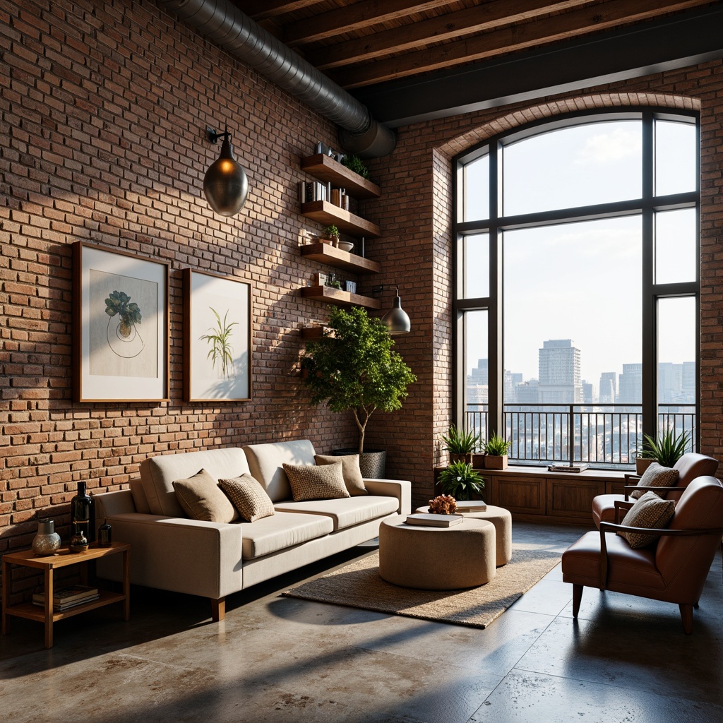 Prompt: Exposed brick walls, industrial metal beams, reclaimed wood accents, creamy whites, rich walnut tones, soft grays, muted blues, earthy terracotta hues, warm golden lighting, cozy reading nooks, plush velvet sofas, vintage leather armchairs, eclectic art collections, rustic wooden shelves, decorative metal railings, distressed concrete floors, urban cityscape views, natural textiles, woven baskets, pendant lamps, abstract geometric patterns, 1/1 composition, softbox lighting, cinematic depth of field.