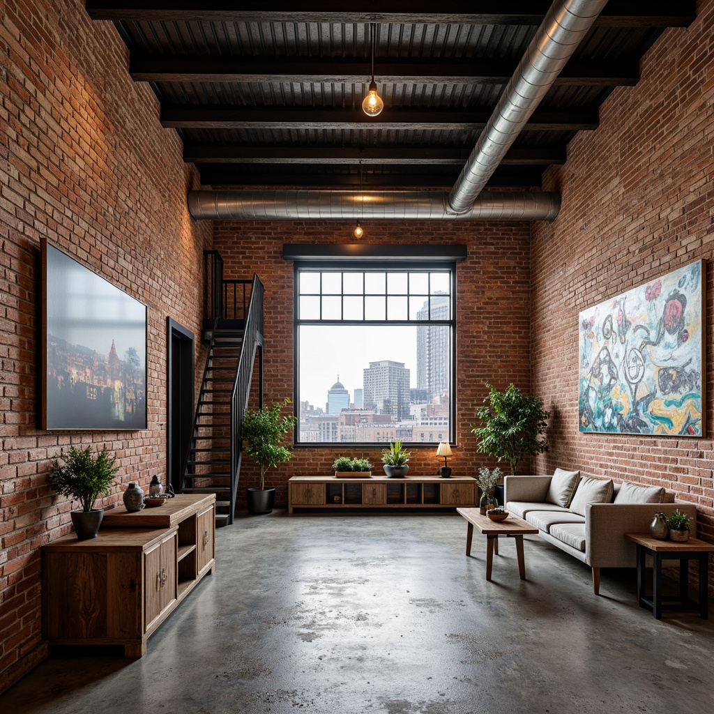 Prompt: Exposed brick walls, metal beams, reclaimed wood floors, industrial-style lighting fixtures, urban cityscape views, converted warehouse spaces, distressed finishes, functional pipes and ducts, modern minimalist decor, neutral color palette, natural stone accents, metal staircase, Edison bulbs, concrete floors, eclectic vintage furniture, rustic decorative elements, abstract graffiti art, urban loft atmosphere, high ceilings, open floor plans, 1/2 composition, softbox lighting, realistic textures.