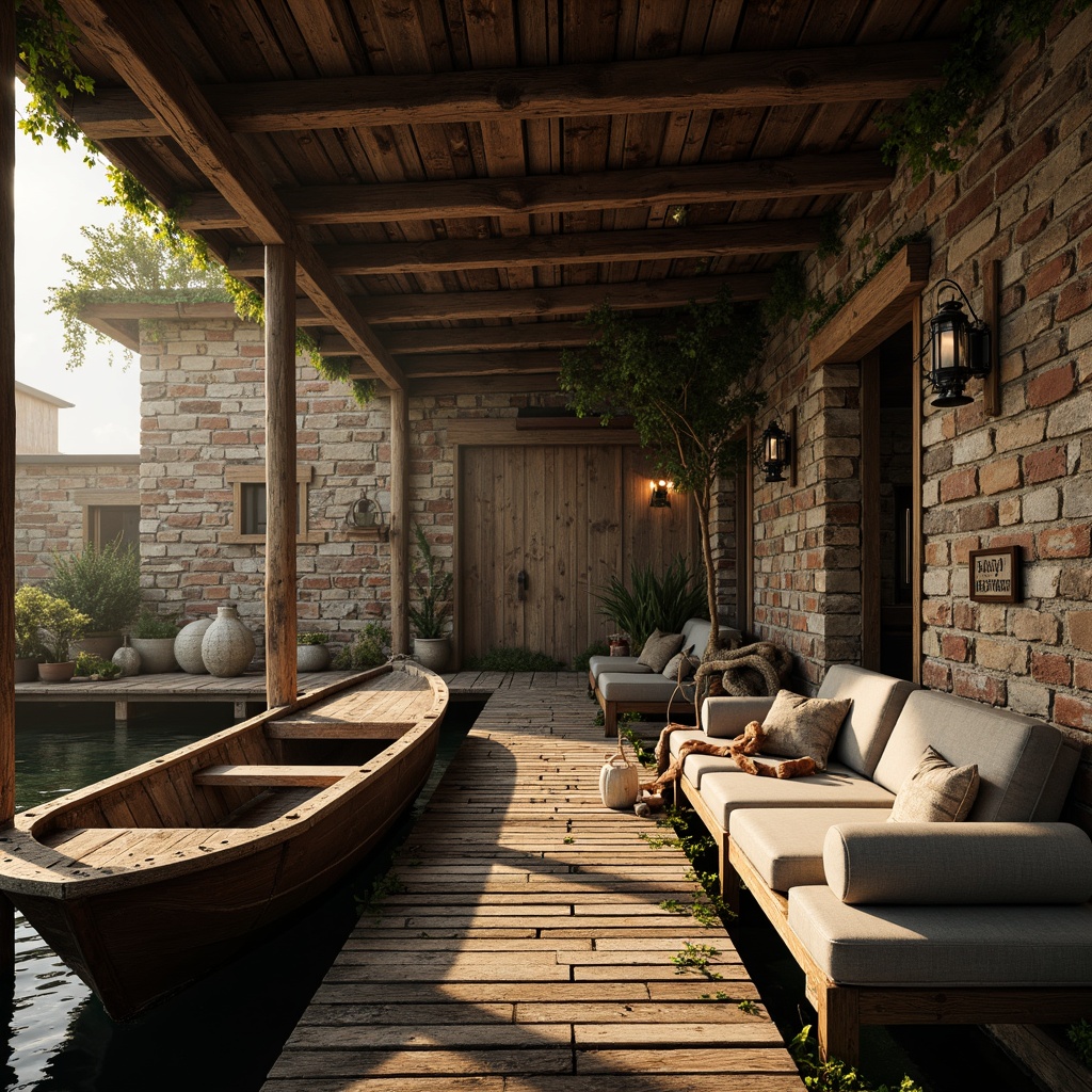 Prompt: Rustic boathouse, wooden dock, weathered planks, natural stone walls, rugged brick textures, earthy tones, moss-covered roofs, overhanging eaves, distressed wood accents, vintage nautical decor, fishing nets, lanterns, warm golden lighting, soft misty atmosphere, shallow depth of field, 1/2 composition, intimate close-up shots, realistic wear and tear, ambient occlusion.