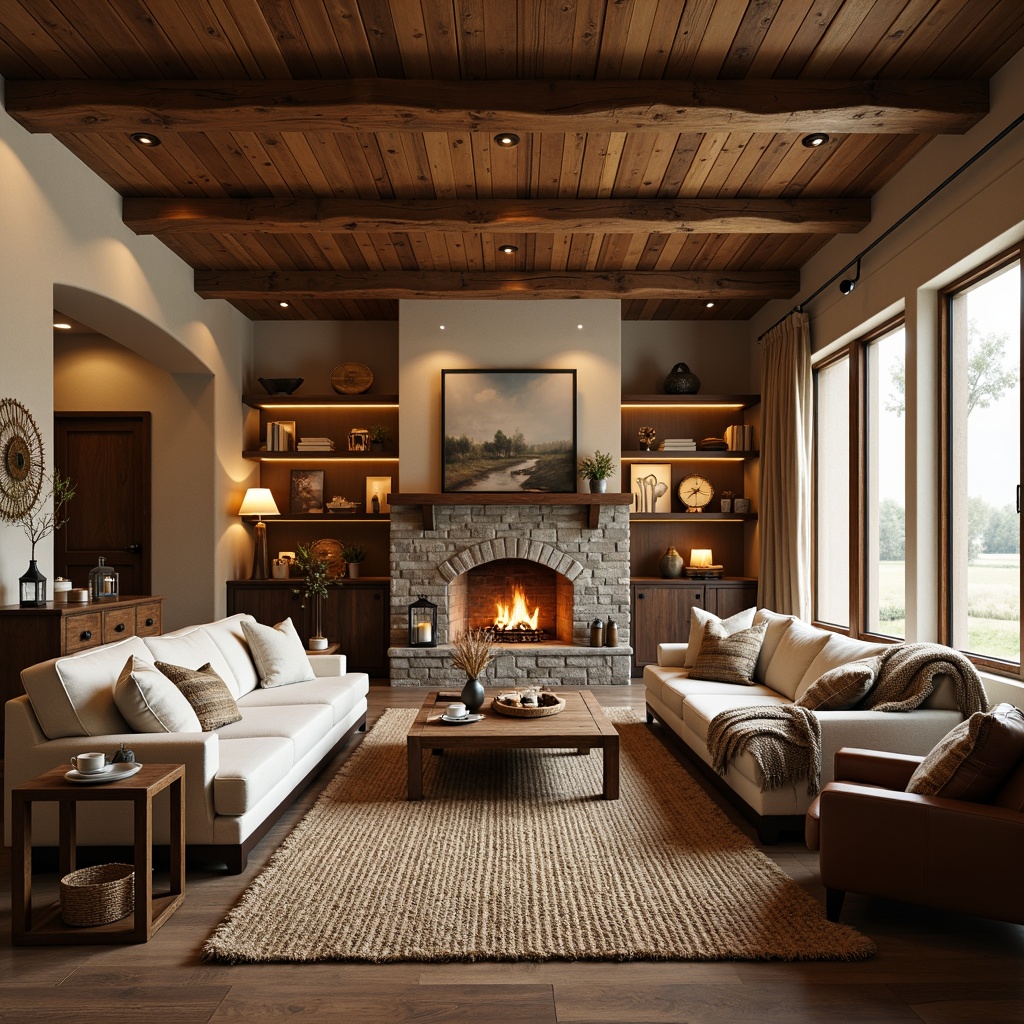 Prompt: Cozy rustic family room, wooden beam ceiling, stone fireplace, plush sectional sofa, woven jute rug, vintage decorative accents, distressed wood coffee table, earthy tone throw pillows, natural fiber upholstery, warm candle lighting, soft fabric drapes, nature-inspired artwork, wooden wall shelves, antique metal lanterns, rich leather armchairs, warm beige walls, comfortable reading nook, rustic wooden console table, elegant floor lamps, warm atmosphere, shallow depth of field, 2/3 composition.