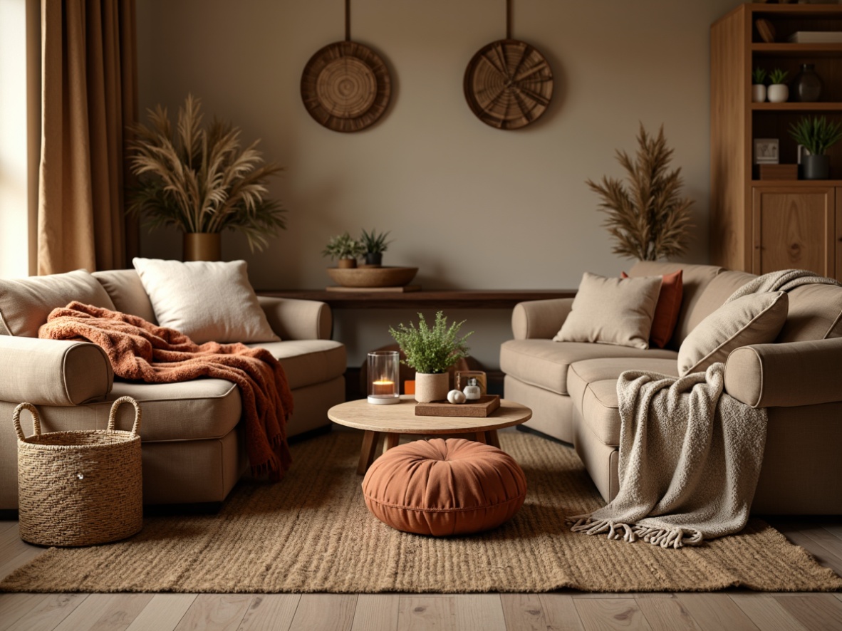 Prompt: Cozy living room, plush throw blankets, velvet pillows, soft suede sofas, woven baskets, natural fiber rugs, warm beige walls, ambient lighting, shallow depth of field, 1/2 composition, relaxed atmosphere, inviting textures, realistic materials, comfortable seating areas.