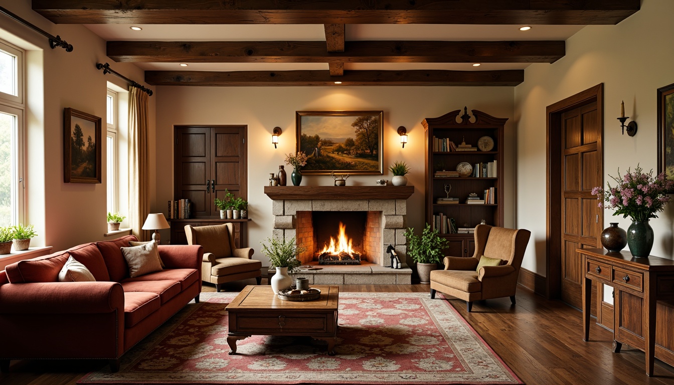 Prompt: Cozy family room, rustic wooden furniture, plush velvet sofas, distressed leather armchairs, ornate carved wooden coffee tables, soft golden lighting, warm beige walls, vintage rugs, traditional French country decor, antique vases, fresh flower arrangements, natural stone fireplace, crackling fire, comfortable seating areas, tranquil atmosphere, 1/2 composition, warm color palette, soft focus, realistic textures.