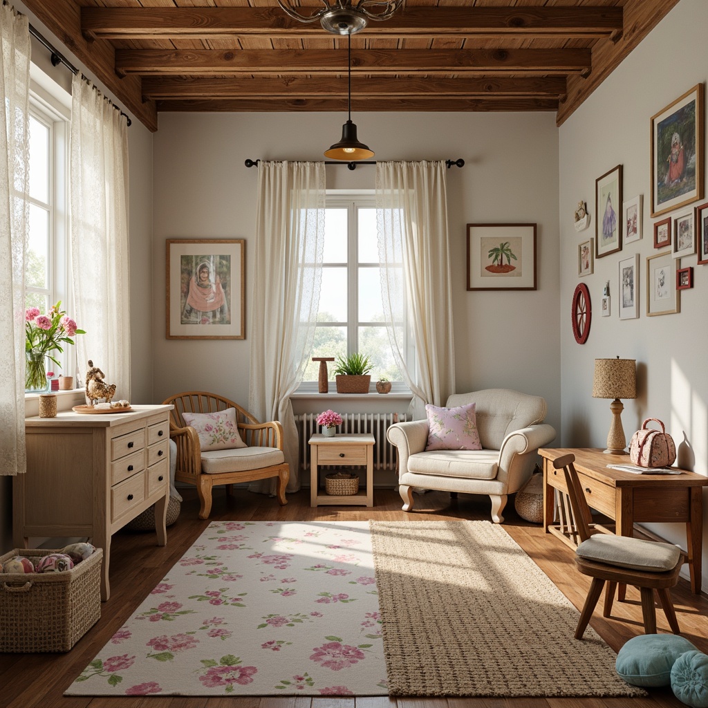 Prompt: Whimsical children's room, vintage distressed wood furniture, soft pastel colors, floral patterns, lace curtains, rustic wooden beams, plush toys, colorful artwork, woven baskets, natural fiber rugs, warm cozy lighting, shallow depth of field, 1/2 composition, intimate atmosphere, realistic textures, ambient occlusion.