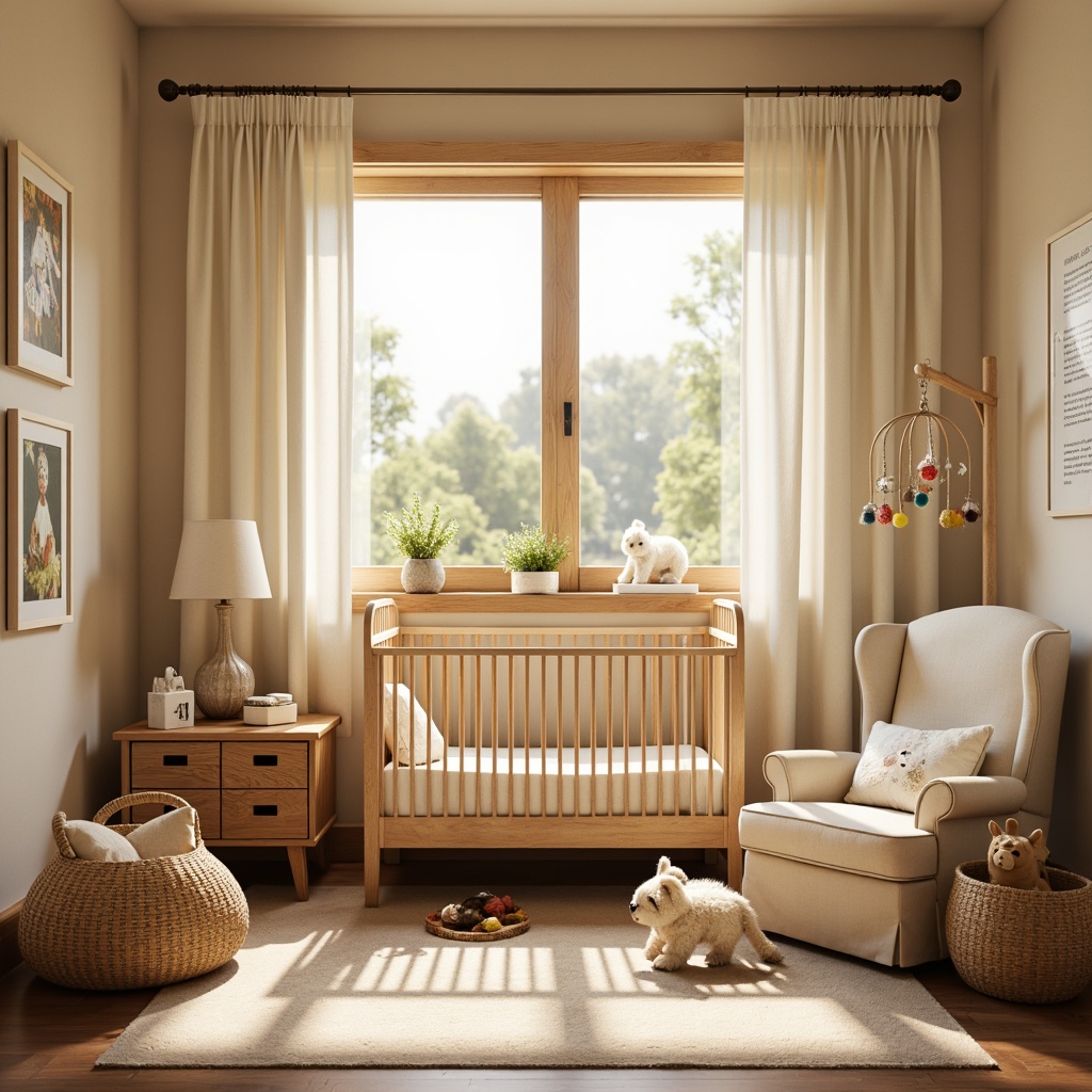 Prompt: Cozy baby room, warm wooden accents, soft cream colors, plush toys, crib with delicate carvings, vintage-inspired nursery rhymes, gentle morning sunlight, warm golden lighting, table lamps with floral patterns, woven baskets, natural fabrics, earthy tones, rustic wooden furniture, creamy whites, pastel hues, whimsical mobiles, tender textures, shallow depth of field, 1/1 composition, intimate atmosphere, warm color palette.