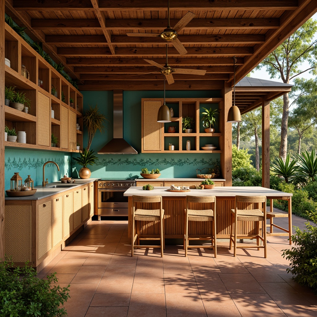 Prompt: Tropical kitchen, warm wooden tones, rattan cabinetry, woven bamboo doors, exotic hardwood countertops, vibrant turquoise accents, lush greenery, pendant lighting fixtures, natural stone backsplashes, earthy terracotta floors, distressed wood finishes, woven wicker barstools, tropical leaf patterns, bright coral colors, ocean-inspired decorative accessories, warm golden hardware, open shelving units, airy ceiling fans, sunny morning light, shallow depth of field, 1/1 composition, realistic textures.