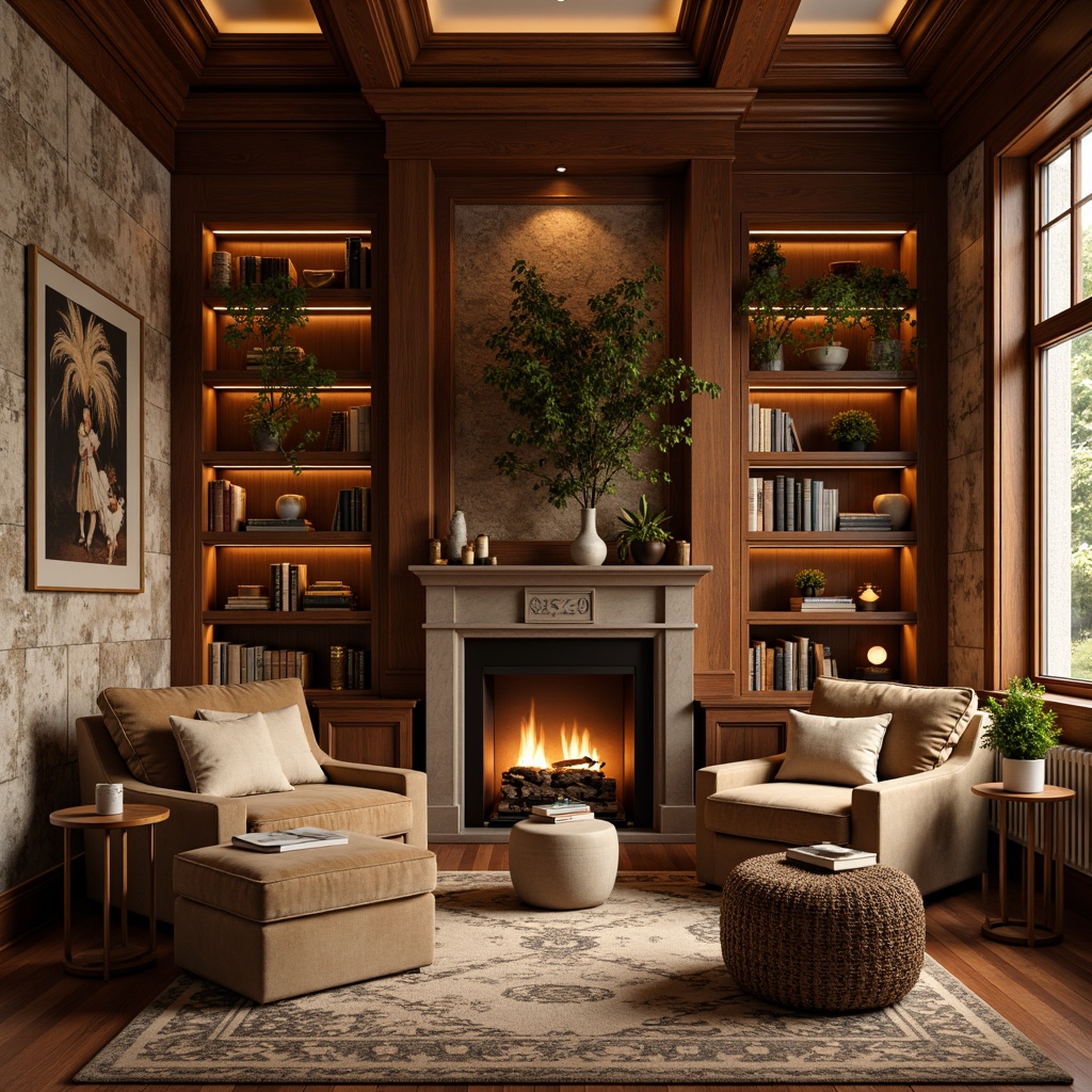 Prompt: Cozy reading nook, warm wooden tones, plush velvet fabrics, soft golden lighting, earthy brown colors, calming beige accents, natural stone walls, comfortable oversized armchairs, floor-to-ceiling bookshelves, vintage leather-bound books, rich walnut wood trim, subtle cream textures, intimate atmosphere, relaxed ambiance, warm candlelight, 1/2 composition, shallow depth of field, realistic rendering.