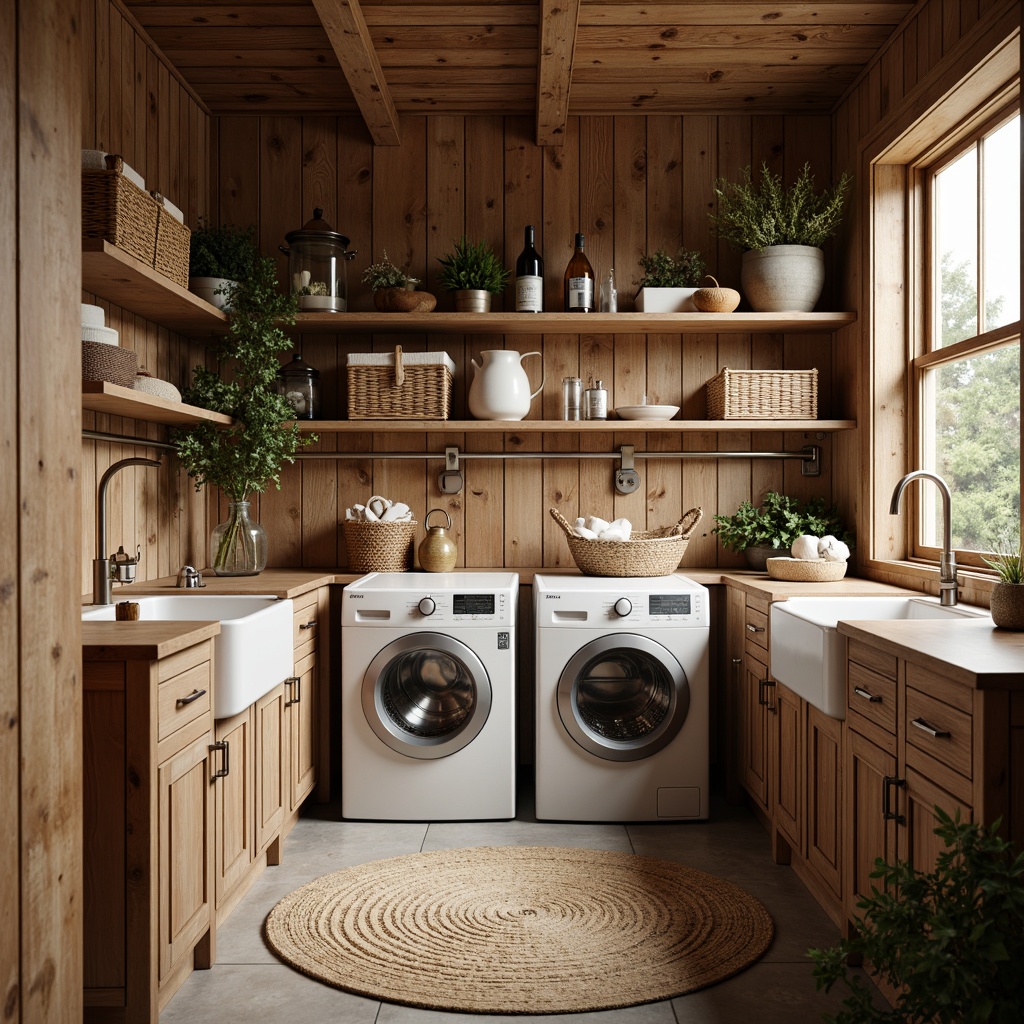 Prompt: Rustic laundry room, wooden cabinetry, distressed finishes, earthy tones, natural textiles, woven baskets, vintage appliances, functional workspaces, stylish decorative accents, soft warm lighting, 3/4 composition, shallow depth of field, realistic wood textures, ambient occlusion.