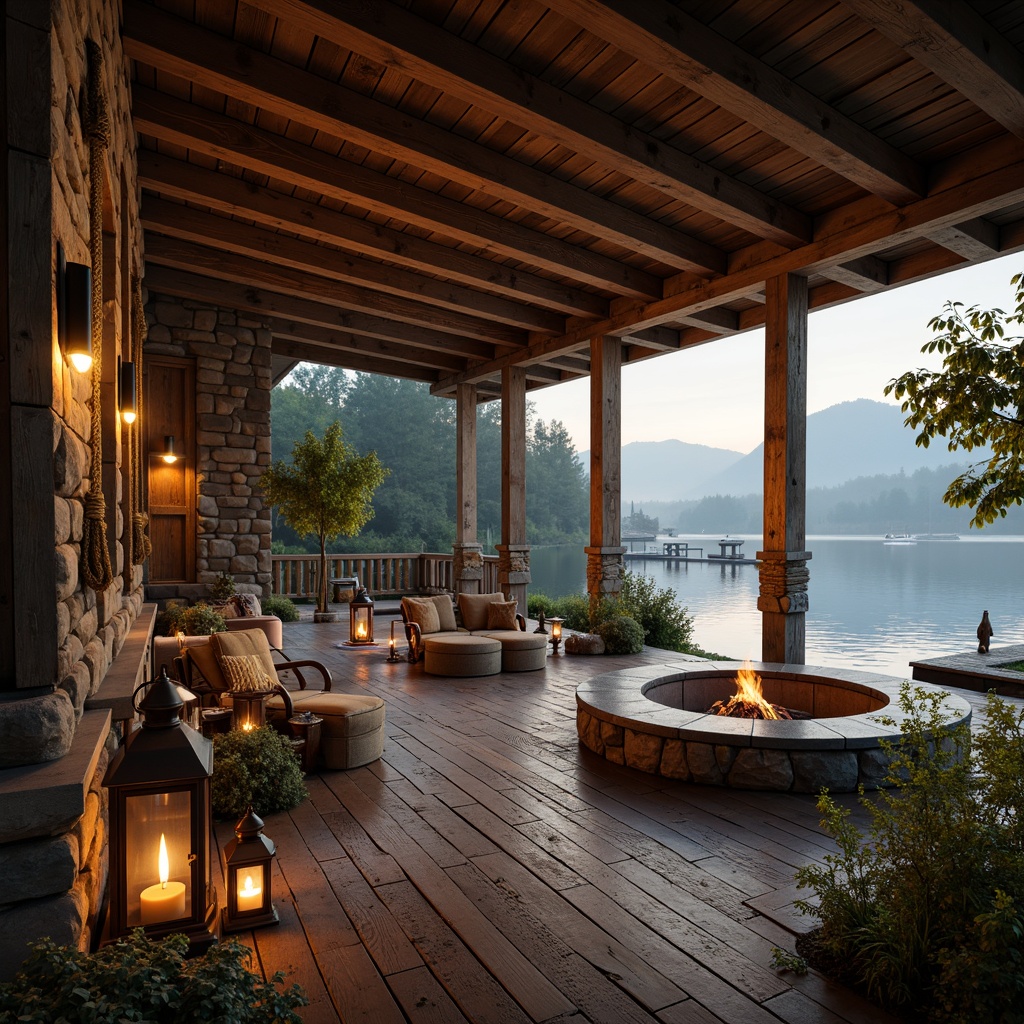 Prompt: Rustic boathouse, wooden docks, nautical ropes, vintage lanterns, warm golden lighting, soft candlelight, cozy fire pit, natural stone walls, reclaimed wood accents, earthy color palette, lakefront views, serene water reflections, misty morning atmosphere, shallow depth of field, 1/2 composition, warm color temperature, realistic textures, ambient occlusion.