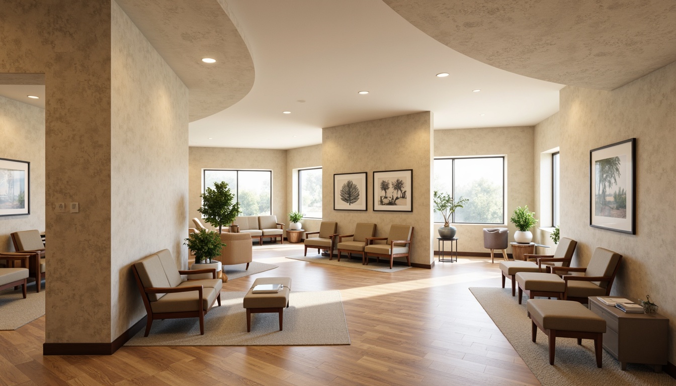 Prompt: Rehabilitation center interior, textured walls, calming colors, soothing natural light, wooden floors, comfortable seating areas, gentle curves, minimalist decor, accessible ramps, supportive handrails, warm beige tones, soft carpeting, acoustic panels, sound-absorbing materials, peaceful atmosphere, warm color scheme, cozy nooks, adaptive technology integration, modern medical equipment, serene ambiance, shallow depth of field, 1/1 composition, realistic textures, ambient occlusion.