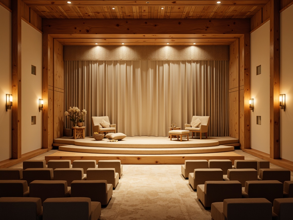 Prompt: Cozy Nordic theater, warm wooden accents, soft candlelight, subtle LED illumination, pastel-colored walls, minimalist stage design, natural textiles, woven baskets, Nordic-inspired patterns, intimate seating areas, plush velvet curtains, golden metallic details, dramatic spotlights, warm beige tones, creamy whites, ambient shadows, shallow depth of field, 2/3 composition, cinematic lighting, realistic textures, atmospheric fog effects.