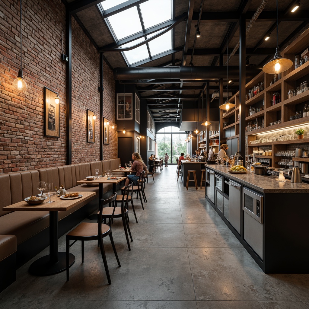 Prompt: Industrial breakfast nook, exposed brick walls, metal beams, polished concrete floors, rustic wooden tables, industrial-style lighting fixtures, pendant lamps, Edison bulbs, warm soft glow, natural light pouring in through skylights, modern minimalist decor, stainless steel appliances, sleek cabinetry, urban loft-inspired atmosphere, cozy inviting ambiance, 1/1 composition, high contrast ratio, dramatic shadows, realistic textures.