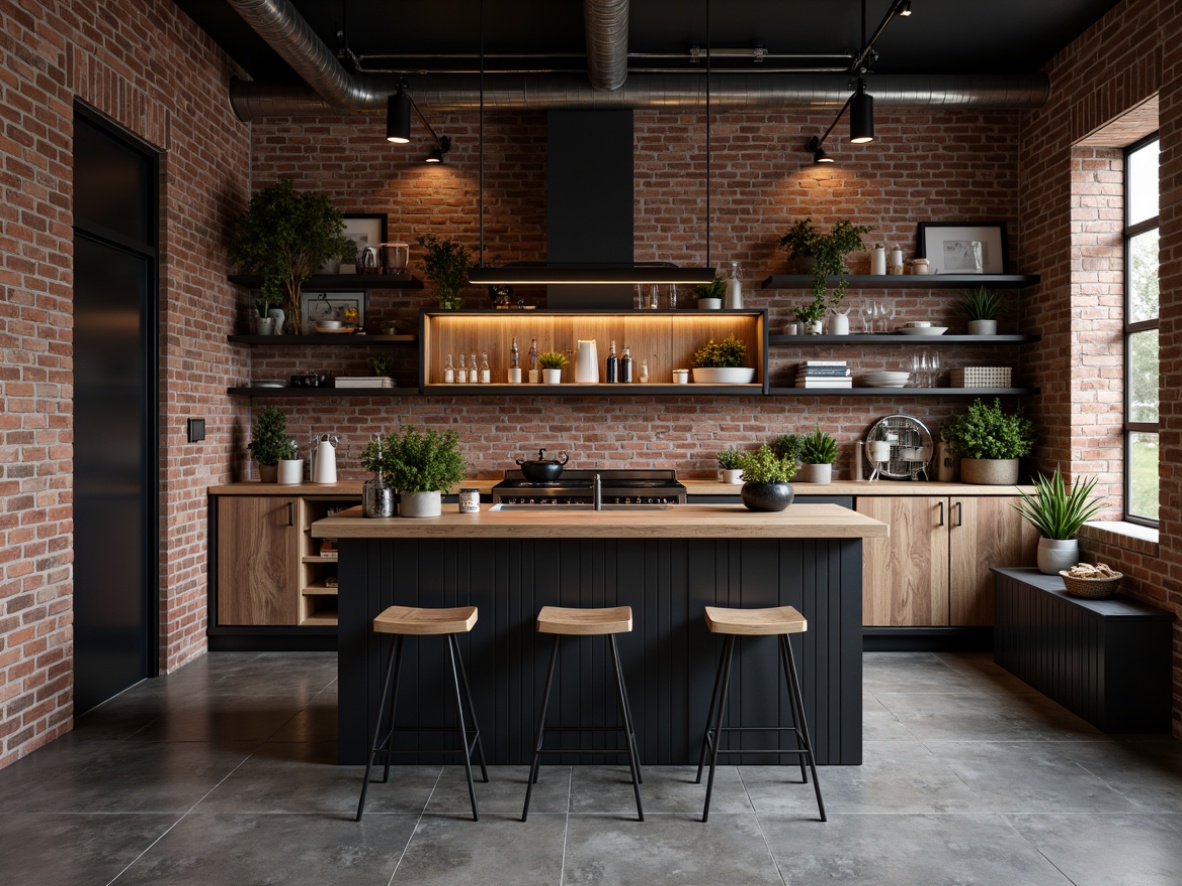 Prompt: Exposed brick walls, distressed concrete finishes, industrial-style metal accents, matte black powder coat, textured grey cement, urban loft atmosphere, modern minimalist decor, sleek metal shelving, reclaimed wood cabinetry, Edison bulb lighting, moody warm tones, shallow depth of field, 2/3 composition, dramatic shadows, realistic textures, ambient occlusion.