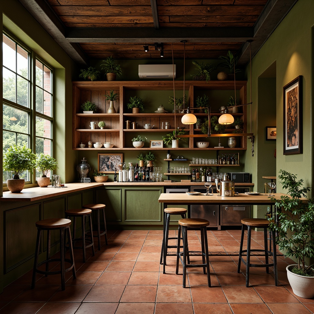 Prompt: Cozy bar, olive green walls, rustic wooden accents, vintage metal stools, earthy terracotta floors, lush greenery, pendant lamps, industrial metal beams, reclaimed wood shelves, eclectic decorative artifacts, warm golden lighting, shallow depth of field, 1/2 composition, natural textures, ambient occlusion.