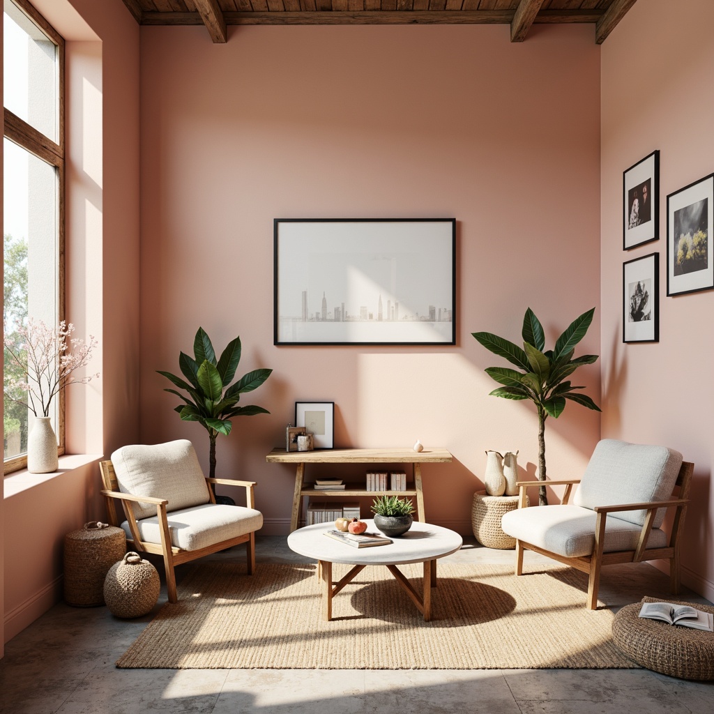 Prompt: Vibrant design studio, modern minimalism, pastel color palette, soft peach tones, creamy whites, rich charcoal accents, bold typography, geometric patterns, natural textiles, reclaimed wood furniture, industrial chic decor, atmospheric lighting, moody shadows, 1/1 composition, realistic textures, ambient occlusion.