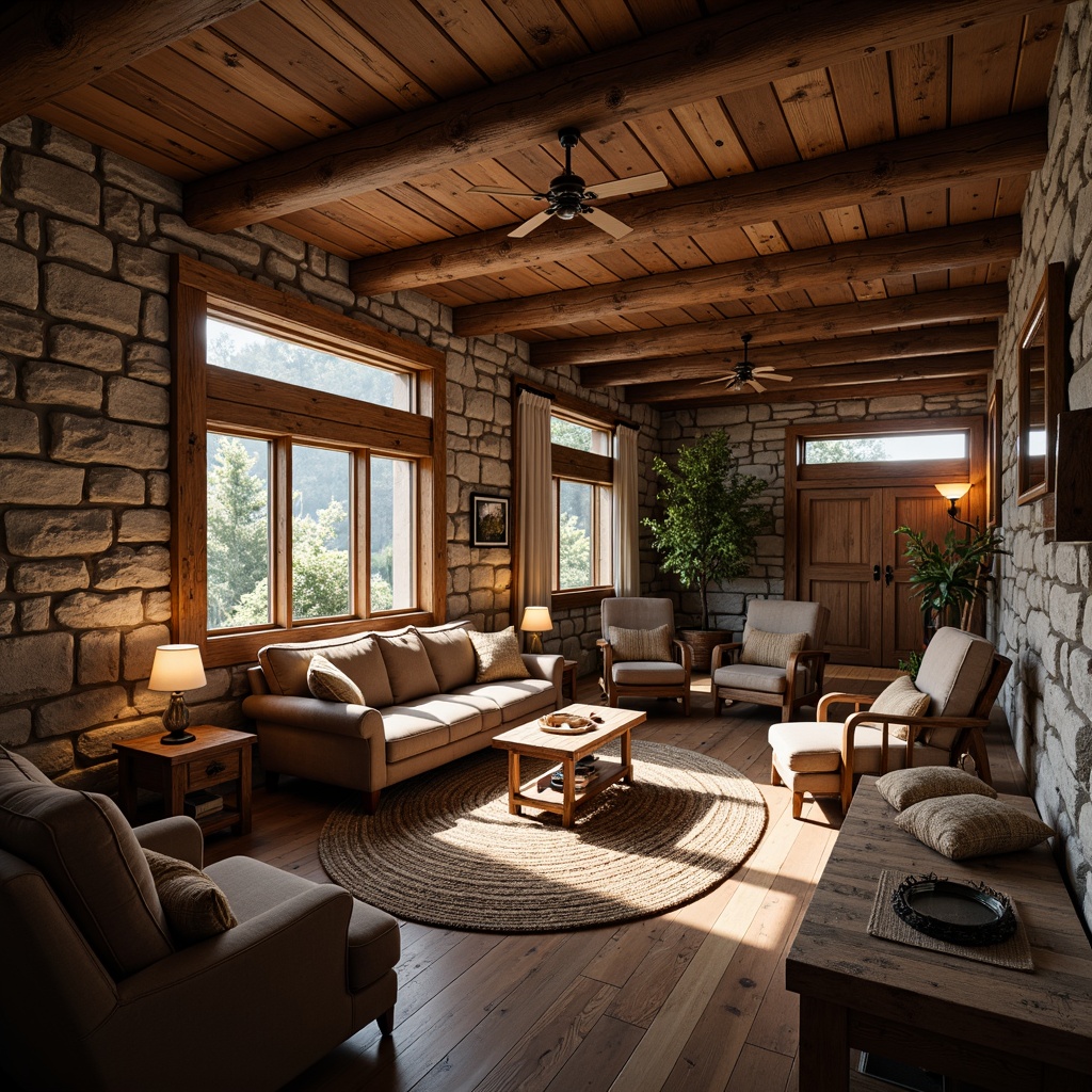 Prompt: Rustic mountain lodge, wooden accents, natural stone walls, earthy color palette, reclaimed wood furniture, woven textiles, plush area rugs, vintage outdoor gear, wooden beam ceilings, candlelight ambiance, soft warm lighting, shallow depth of field, 1/1 composition, realistic textures, ambient occlusion.