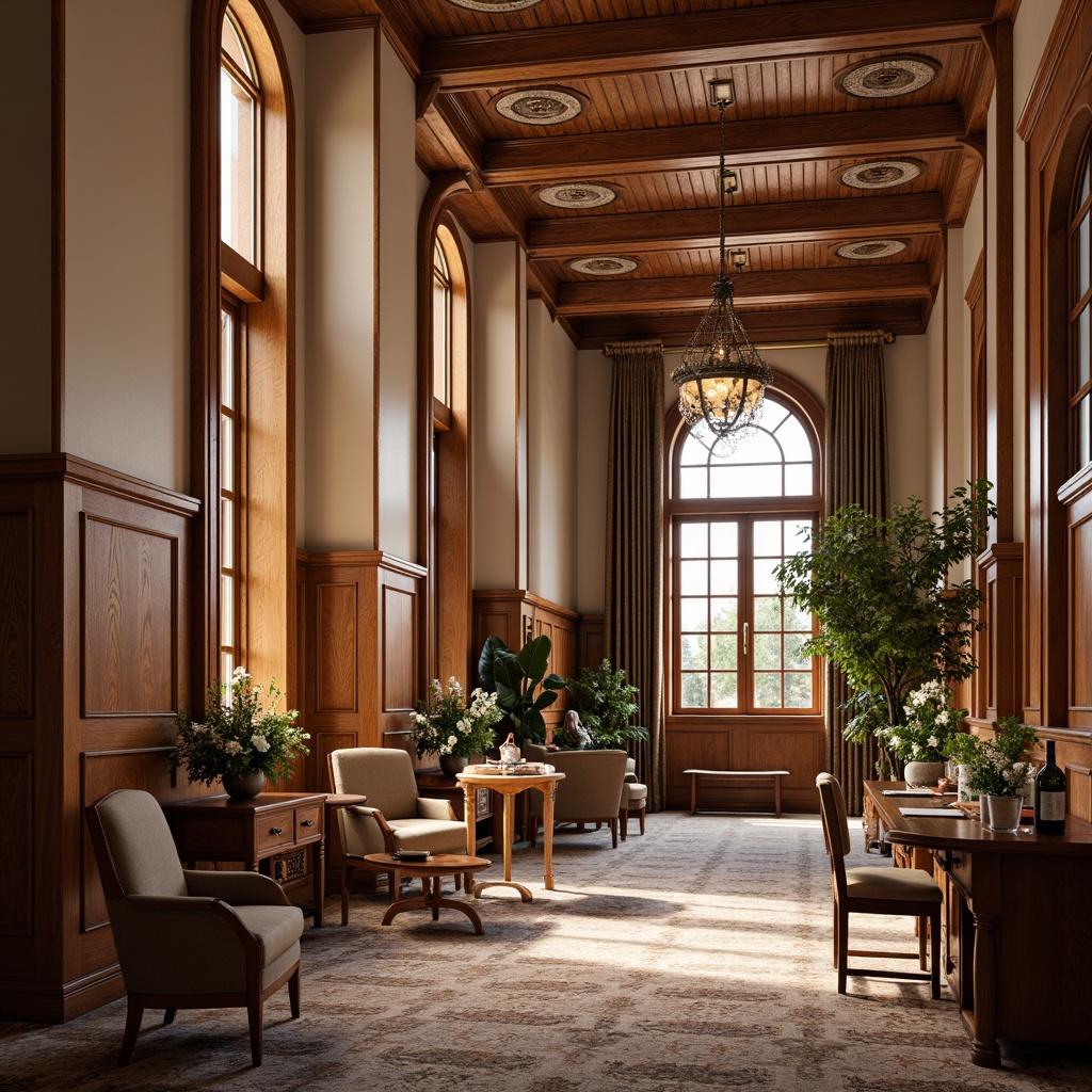 Prompt: Rich wood paneling, elegant wainscoting, sophisticated molding details, cream-colored walls, ornate ceiling designs, grand chandeliers, luxurious fabrics, refined furniture pieces, traditional academic atmosphere, warm earthy tones, subtle texture variations, soft diffused lighting, 1/2 composition, realistic renderings, ambient occlusion.