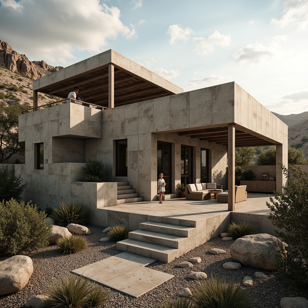 Prompt: Rugged villa exterior, brutalist architecture, raw concrete walls, industrial metal accents, reclaimed wood features, earthy color palette, muted greenery, desert landscape, rocky outcrops, dramatic natural lighting, moody shadows, high contrast ratio, cinematic composition, shallow depth of field, abstract textures, ambient occlusion.