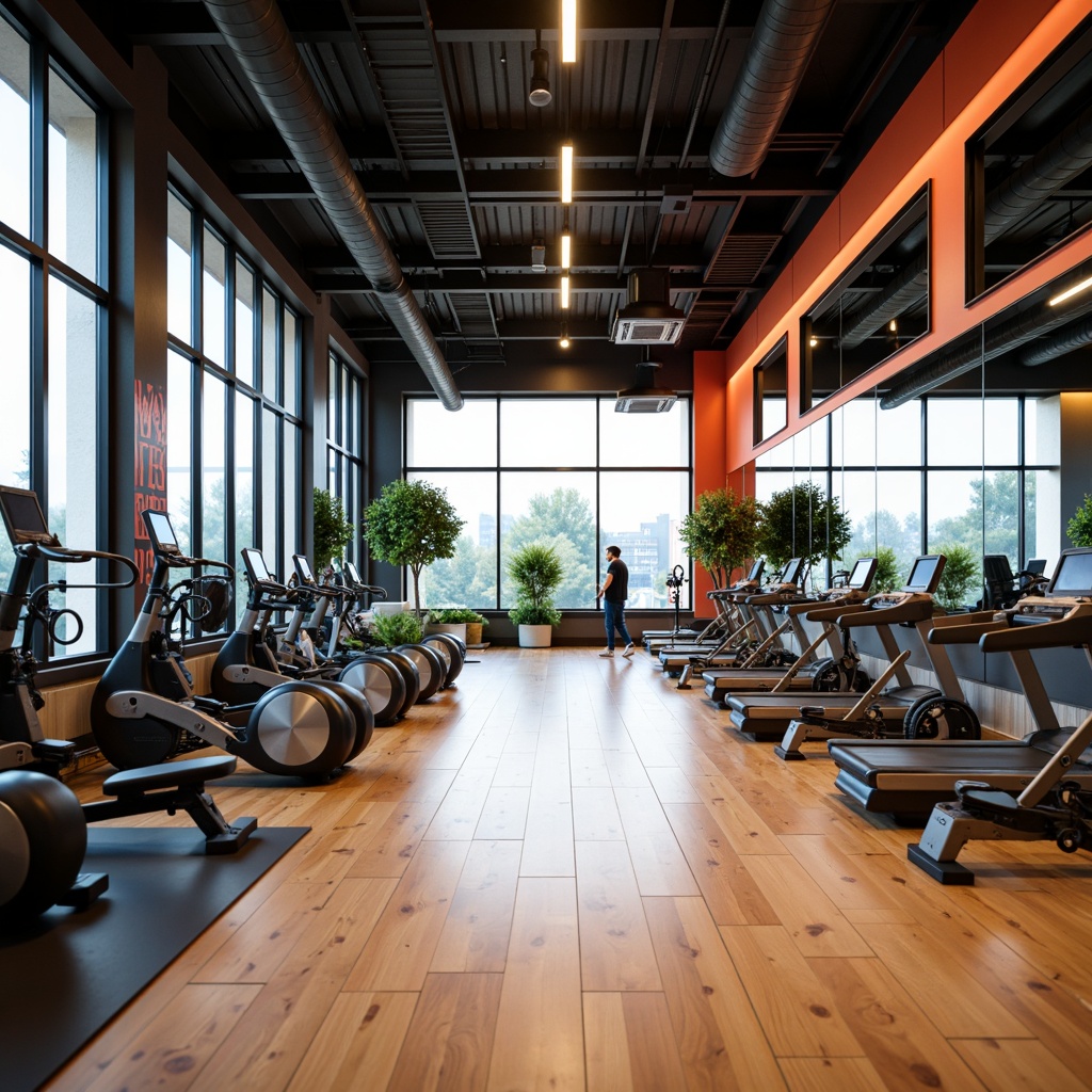 Prompt: Modern fitness club interior, abundant natural light, floor-to-ceiling windows, reflective mirrored walls, polished wooden floors, sleek metal equipment, vibrant color accents, motivational quotes, energetic atmosphere, high ceilings, open spaces, minimalist decor, green plants, soft warm lighting, shallow depth of field, 3/4 composition, panoramic view, realistic textures, ambient occlusion.