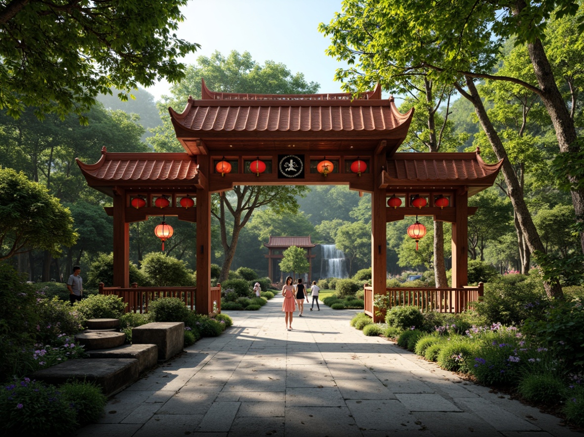 Prompt: Authentic Asian-style zoo entrance, intricately designed wooden gates, vibrant red lanterns, lush greenery, exotic tropical plants, natural stone pathways, rustic wooden bridges, serene koi ponds, majestic bamboo forests, misty waterfalls, warm soft lighting, shallow depth of field, 3/4 composition, panoramic view, realistic textures, ambient occlusion.Please let me know if this meets your expectations!