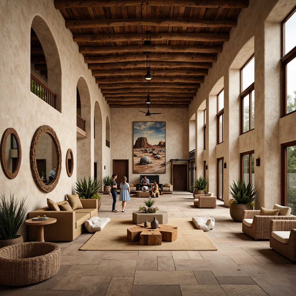 Prompt: Rustic southwestern-style gymnasium, natural stone walls, reclaimed wood flooring, earthy tone color scheme, wooden beams, exposed ductwork, industrial metal equipment, organic shape mirrors, woven rattan furniture, potted cacti, desert-inspired artwork, warm ambient lighting, shallow depth of field, 3/4 composition, panoramic view, realistic textures, ambient occlusion.