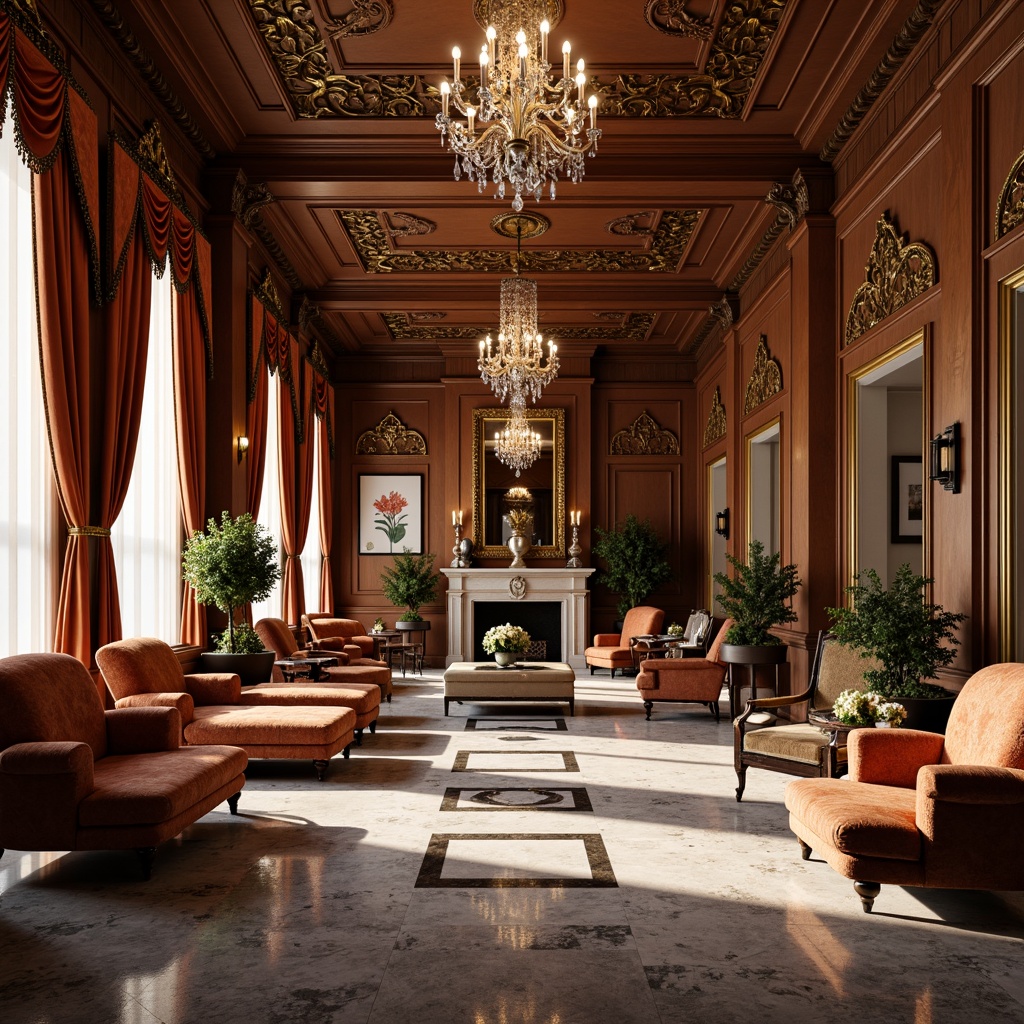 Prompt: Elegant neoclassical interior, ornate furnishings, rich wood tones, velvet upholstery, golden accents, intricate carvings, classical columns, marble flooring, crystal chandeliers, luxurious drapes, symmetrical compositions, warm soft lighting, shallow depth of field, 2/3 composition, realistic textures, ambient occlusion.