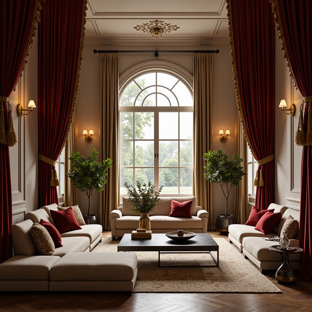 Prompt: Luxurious living room, velvet drapes, golden tassels, ornate rods, flowing silk fabrics, soft diffused lighting, warm beige walls, dark wood accents, comfortable seating areas, rich jewel-toned pillows, floor-to-ceiling windows, natural linen textures, subtle sheen effects, 1/1 composition, intimate atmosphere, cozy reading nooks.