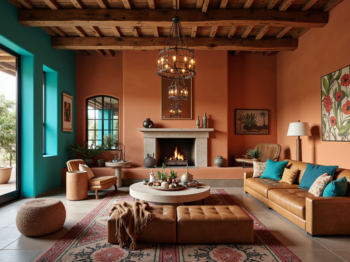 Prompt: Vibrant turquoise accents, earthy terracotta hues, rustic wooden beams, plush woven textiles, geometric patterned rugs, statement lighting fixtures, ornate metalwork, distressed leather furniture, natural stone fireplaces, Southwestern-inspired artwork, desert botanicals, warm golden lighting, cozy throw blankets, chunky vases, organic shapes, layered window treatments, eclectic decorative accessories, inviting conversation areas, dramatic ceiling heights.