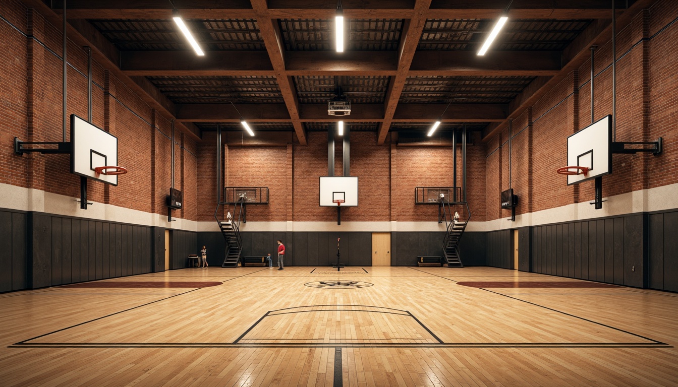 Prompt: Rustic gymnasium interior, exposed brick walls, industrial-style lighting, polished wooden floors, athletic equipment, basketball hoops, scoreboards, metal beams, urban loft atmosphere, warm color palette, softbox lighting, shallow depth of field, 1/1 composition, symmetrical framing, realistic textures, ambient occlusion.