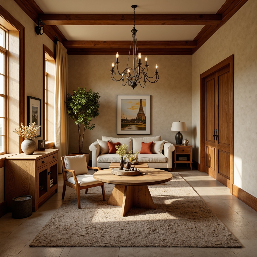 Prompt: Cozy dining room, warm beige walls, rich wood furniture, soft cream accents, elegant chandelier lighting, plush area rug, comfortable seating, natural stone flooring, earthy tone colors, autumn-inspired hues, warm golden lighting, inviting atmosphere, 3/4 composition, realistic textures.