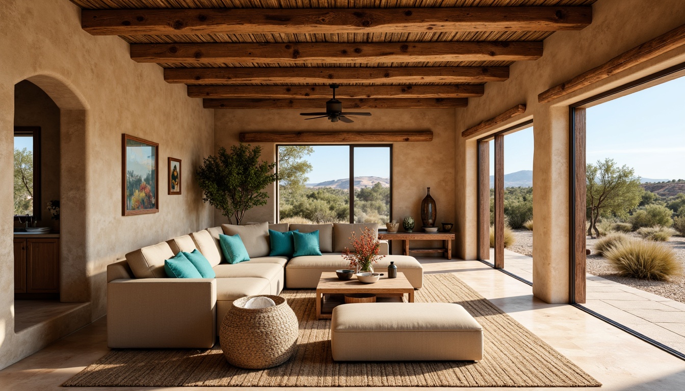 Prompt: Earth-toned adobe walls, natural stone flooring, wooden beam ceilings, woven textiles, vibrant turquoise accents, rustic metal fixtures, plush area rugs, comfortable sectional sofas, large windows, sliding glass doors, panoramic desert views, abundant natural light, warm soft shadows, 1/2 composition, shallow depth of field, realistic textures.