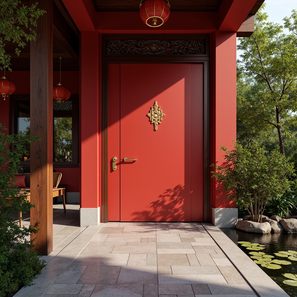 Prompt: Vibrant crimson door, ornate golden hardware, traditional Asian-inspired architecture, intricately carved wooden accents, bold red lanterns, lush greenery, natural stone flooring, serene water features, peaceful koi ponds, tranquil bamboo gardens, warm soft lighting, shallow depth of field, 1/2 composition, realistic textures, ambient occlusion.