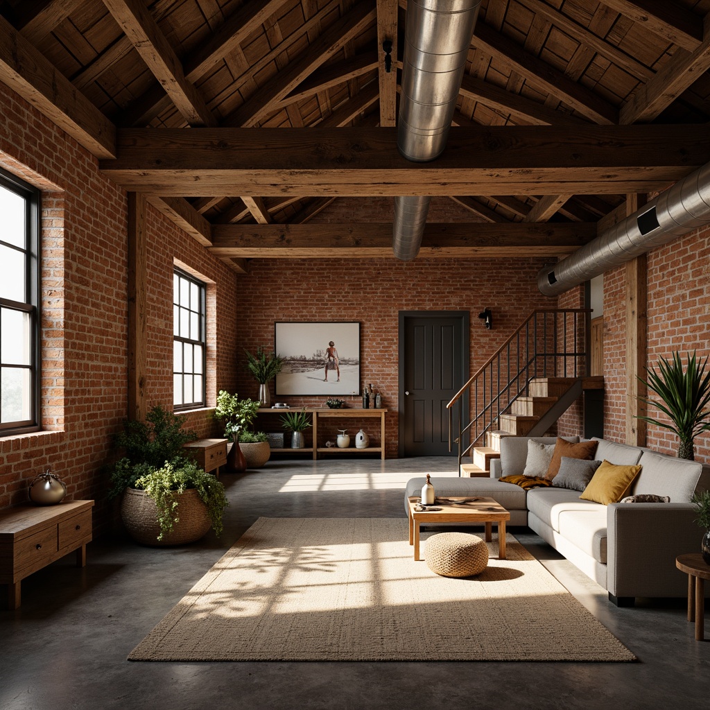 Prompt: Rustic industrial loft, wooden exposed beams, high ceilings, metal ductwork, brick walls, reclaimed wood accents, earthy color palette, natural textiles, vintage decorative items, warm ambient lighting, soft shadows, shallow depth of field, 1/1 composition, realistic textures, ambient occlusion.