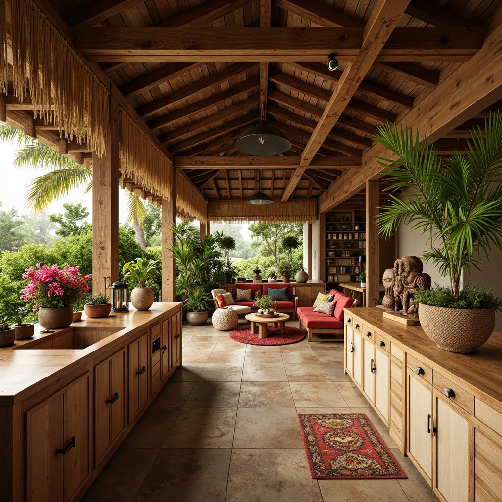 Prompt: Tropical island vibe, exotic wood countertops, rich brown tones, natural stone textures, woven rattan accents, palm tree patterns, colorful tiki masks, lush greenery, vibrant floral arrangements, warm beige cabinets, distressed wooden furniture, coral-inspired accessories, ocean breeze ambiance, soft golden lighting, shallow depth of field, 1/1 composition, realistic reflections, ambient occlusion.