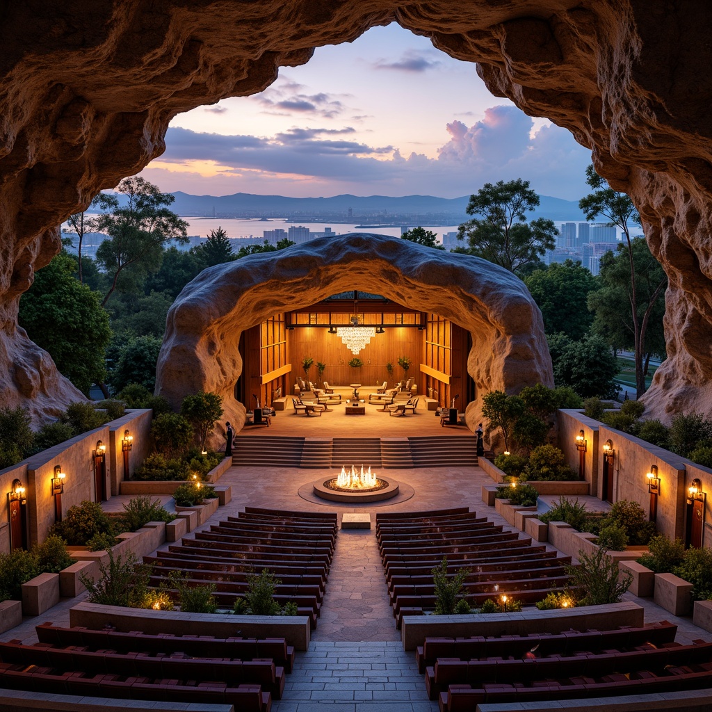 Prompt: Grand amphitheater, majestic stone seating, tiered levels, ornate metal railings, polished granite flooring, warm ambient lighting, dramatic spotlights, lush greenery surroundings, natural rock formations, curved architecture, symmetrical design, elevated stage, professional sound systems, comfortable velvet seats, intricate wooden carvings, elegant chandeliers, refined acoustic panels, subtle color scheme, atmospheric misting system, panoramic city view, stunning sunset backdrop, warm golden hour lighting, cinematic composition.