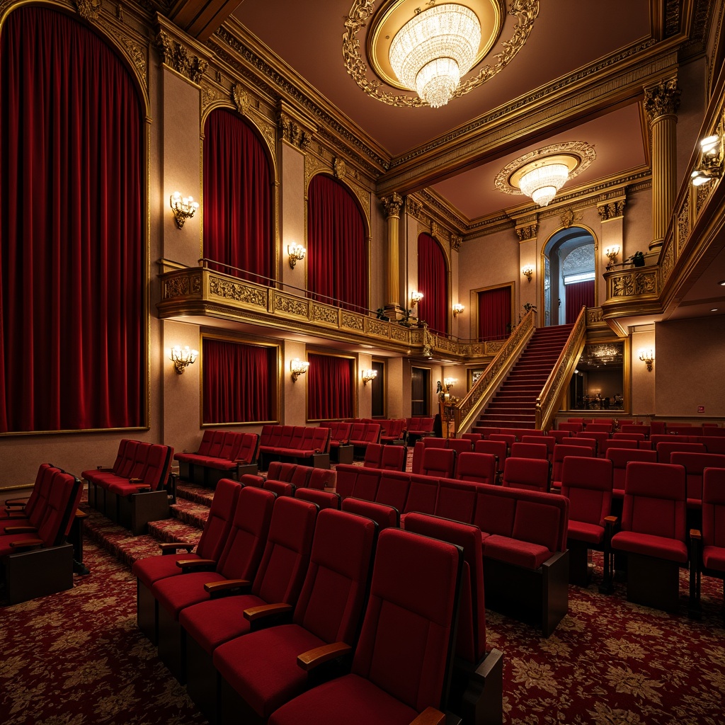 Prompt: Luxurious cinema interior, ornate Victorian-style decorations, rich velvet curtains, golden accents, plush red seats, intricately carved wooden armrests, elegant legroom, vintage lighting fixtures, crystal chandeliers, grand staircase, opulent balconies, dramatic drapes, warm atmospheric lighting, shallow depth of field, 1/1 composition, realistic textures, ambient occlusion.