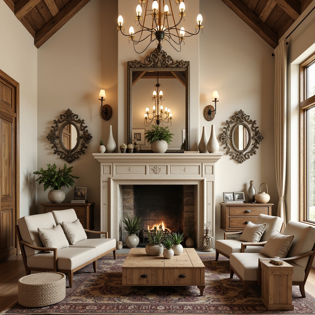 Prompt: Cozy family room, soft cream walls, warm beige furniture, rustic wooden accents, distressed finishes, vintage decorative items, elegant chandeliers, plush area rugs, natural stone fireplace, ornate mirrors, subtle texture patterns, earthy color palette, inviting ambiance, warm golden lighting, shallow depth of field, 1/1 composition, realistic textures, ambient occlusion.