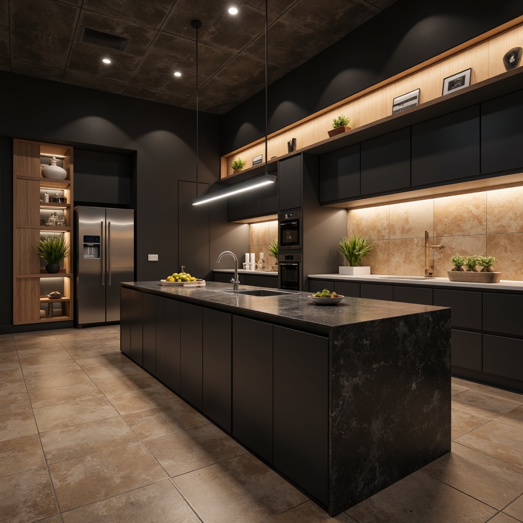 Prompt: Modern kitchen island, sleek countertops, innovative sink designs, waterfall faucet, stainless steel appliances, matte black cabinets, ambient lighting, warm wood accents, quartz countertops, minimalist decor, shallow depth of field, 1/1 composition, realistic reflections, softbox lighting, subtle color palette.