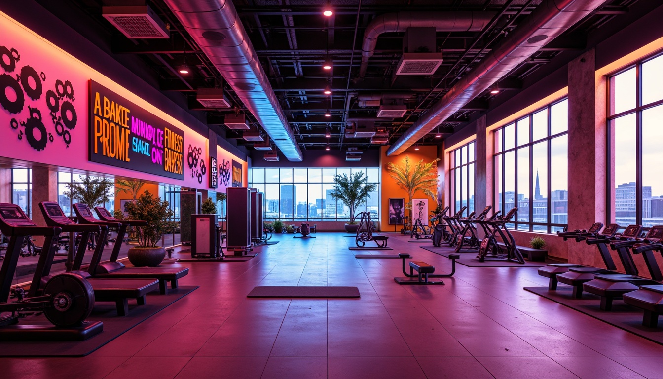 Prompt: Vibrant fitness club interior, energetic neon lights, bold primary colors, motivational quotes, sleek modern equipment, polished metal surfaces, rubber flooring, dynamic architectural lines, urban industrial atmosphere, high-ceiling windows, natural daylight, refreshing air ventilation systems, invigorating citrus scents, futuristic LED lighting, 3D geometric patterns, abstract art installations, motivational music playlists, panoramic city views, realistic textures, ambient occlusion.